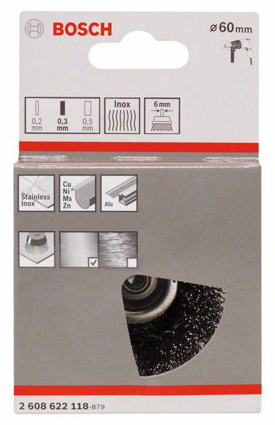 Bosch Drahtbürstenscheibe für Winkelschleifer, geeignet für Edelstahl, Aluminium und andere Metalle. Durchmesser 60 mm, Drahtstärke 0,3 mm.