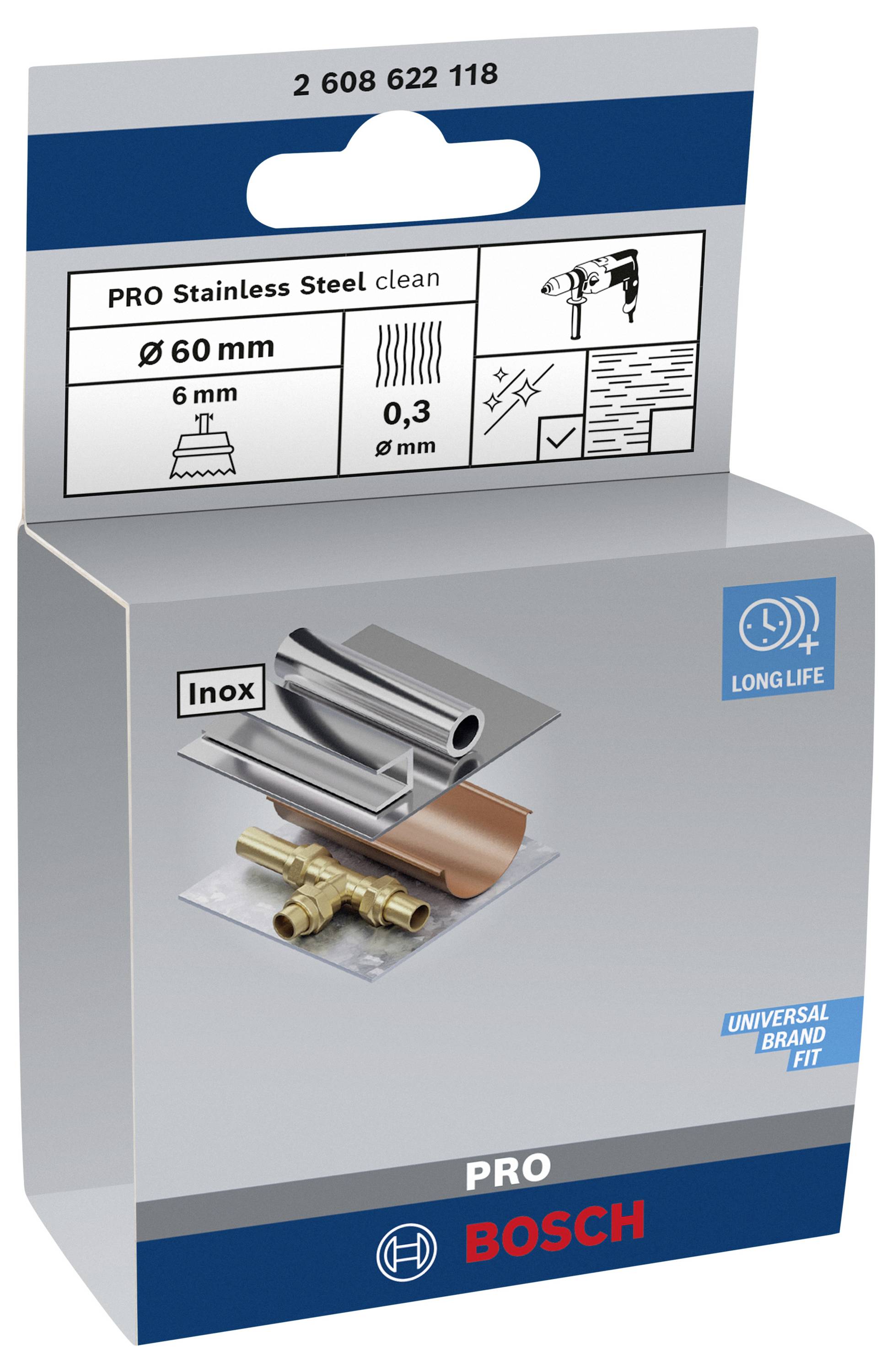 'Bosch Bohrer-Packung für Edelstahl, 6 mm, Ø 60 mm, 0,3 mm Stärke, mit Abbildungen von Edelstahlmaterialien und erreichte Symbole.'