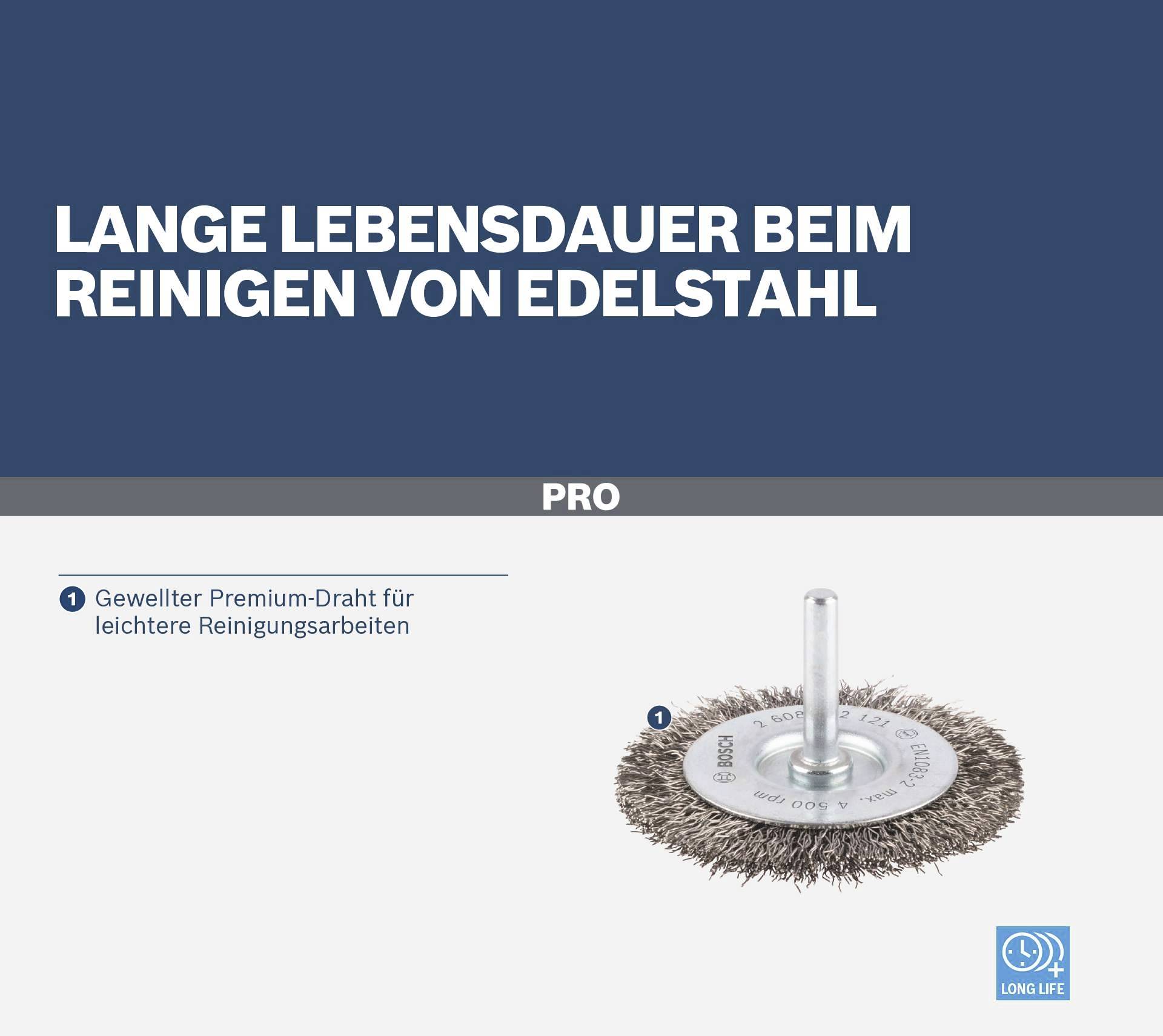 'Text: Lange Lebensdauer beim Reinigen von Edelstahl. Bild eines Drahtbürstenaufsatzes. Geeignet für leichtere Reinigungsarbeiten.'
