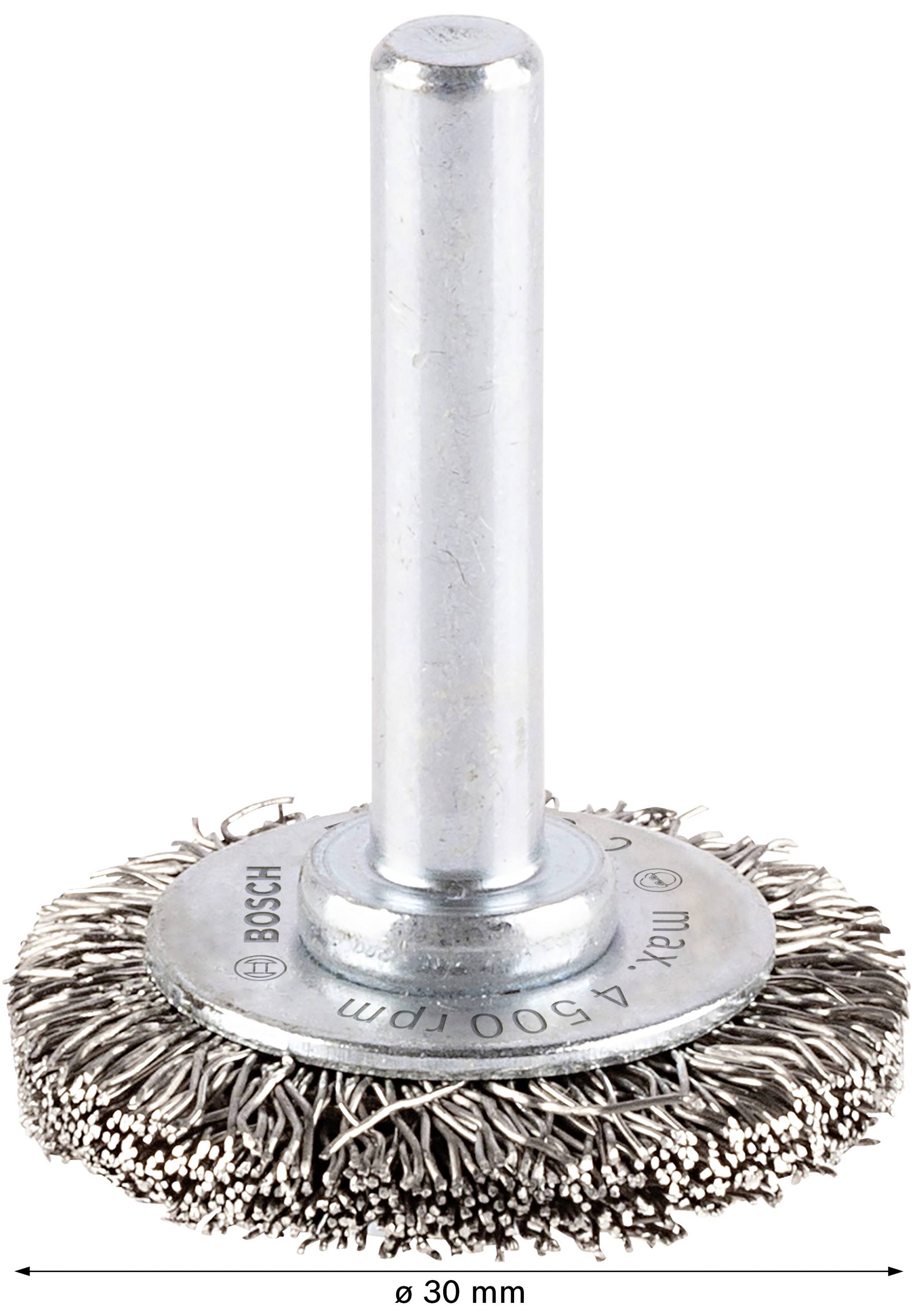 Stahlbürste mit maximaler Drehzahl von 4500 U/min, Durchmesser 30 mm, geeignet für Bohrmaschinen zur Oberflächenreinigung.