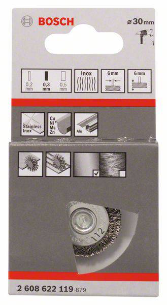 'Bosch Drahtbürste, 30 mm, geeignet für Edelstahl, Kupfer, Aluminium. Abmessungen: 0,2 mm (Drahtstärke), 3 mm (Schaft). Code: 2 608 622 119-879.'