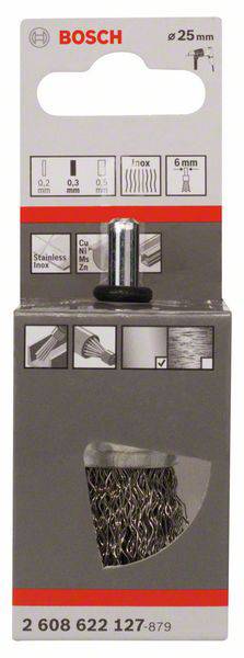 Drahtbürstenaufsatz von Bosch, geeignet für Edelstahl, Cu, Al, Zn. Durchmesser 25 mm, Stärke bis 6 mm. Verpackung zeigt Anwendungsmöglichkeiten.