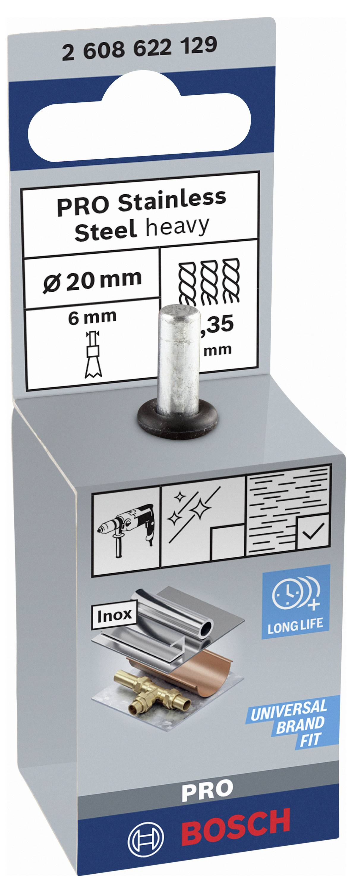 Verpackung eines Bosch Bohrers für Edelstahl, zeigt drei Bohrergrößen: 6 mm, 8 mm, und 10 mm. Geeignet für Inox-Materialien.