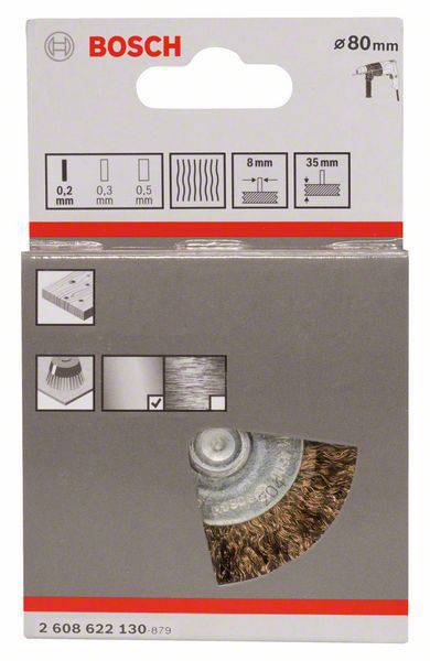 Verpackung einer Bosch-Drahtbürste mit 80 mm Durchmesser für Bohrmaschinen, geeignet für Holz und Metall.