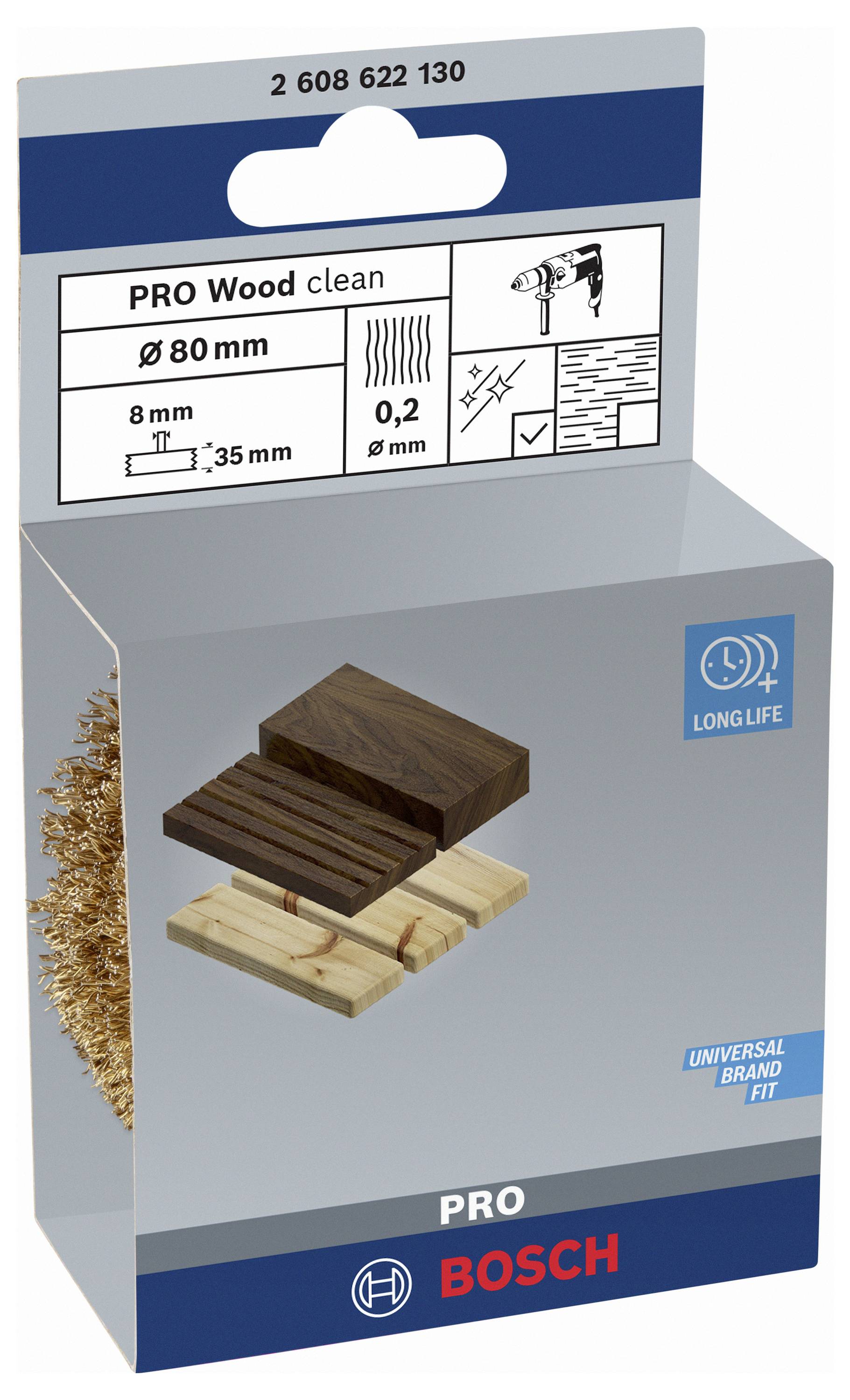 Verpackung von Bosch Pro Wood Clean Schleifbürste, Durchmesser 80 mm, für Holzreinigung. Geeignet für Bohrmaschinen, lange Lebensdauer.