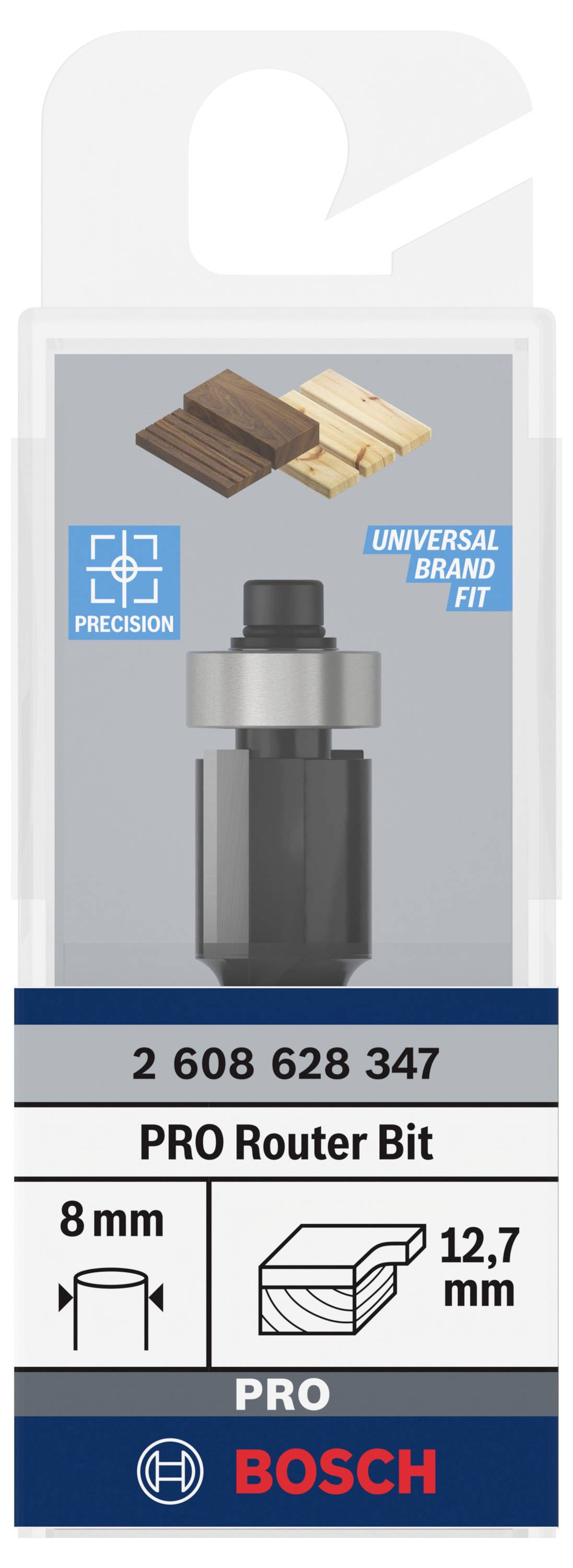 Grauer Fräser für Holzarbeiten, geeignet für 8 mm Schäfte, Schnittbreite 12,7 mm. Verpackung mit Markenlogo und Details abgebildet.