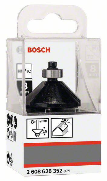 Fräser von Bosch in einer transparenten Verpackung mit Angaben: Durchmesser 8 mm, 45° Winkel. Geeignet für Holzbearbeitung.