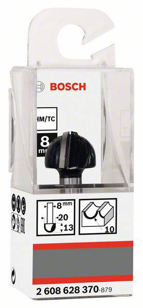 Verpackung eines Bosch Fräsers mit 8 mm Durchmesser, geeignet für Holzarbeiten. Die Abbildung zeigt die Form und technische Spezifikationen.