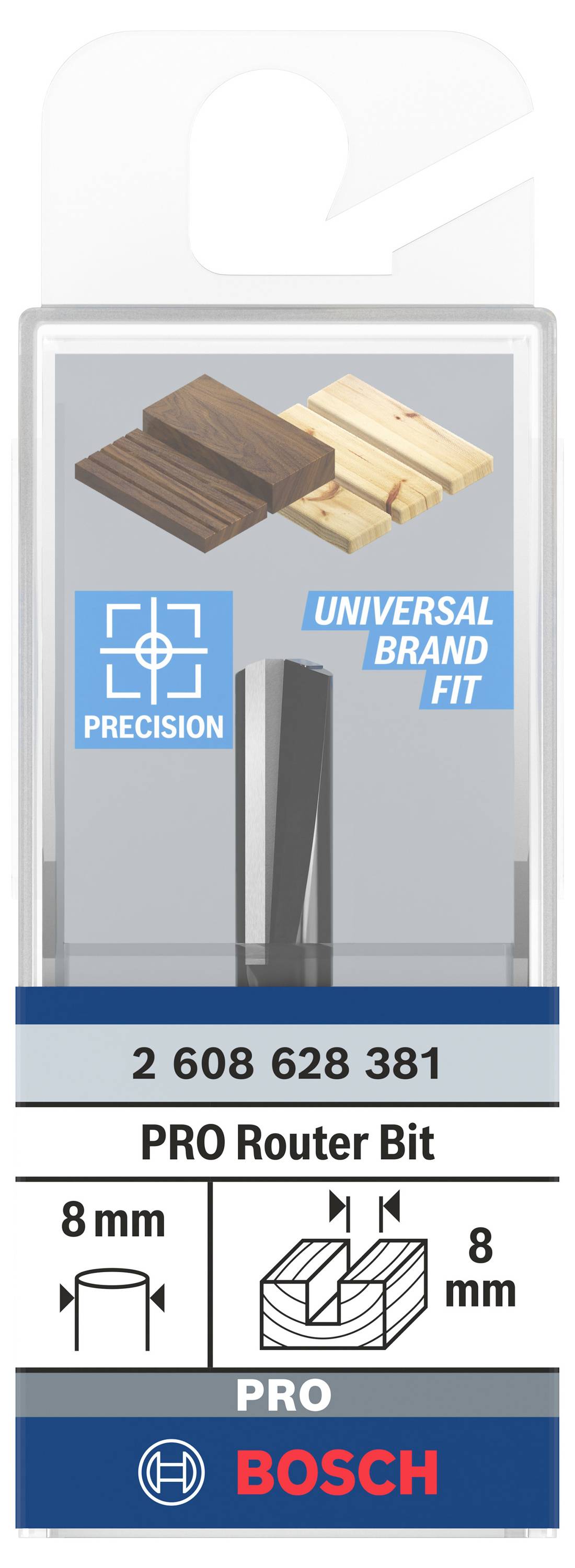 Bosch PRO Fräser, 8 mm Schaft, geeignet für Holz. Etikett zeigt Präzisions- und Markeneignungslogos. Verpackt in transparenter Box.