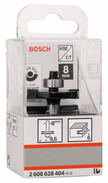 Fräserbit von Bosch, HM CT 8 mm Durchmesser für Kantenbearbeitung. Verpackung mit Label und technischen Details sichtbar.