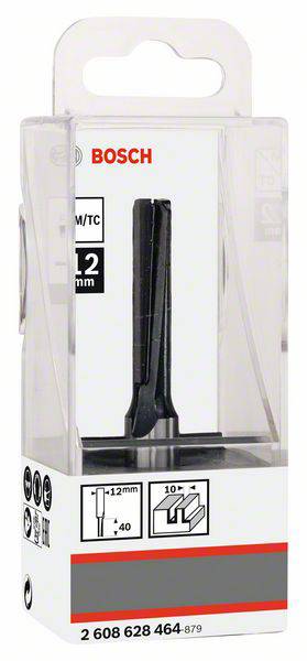 Verpackung eines Bosch Fräsers mit 12 mm Durchmesser, geeignet für Holzverarbeitung. Aufdruck des Unternehmenslogos oben.