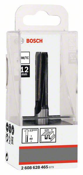 'Bosch' Holzfräser in transparenter Verpackung mit 12 mm Durchmesserinformation und Symbolen für kompatible Schnitttiefen.