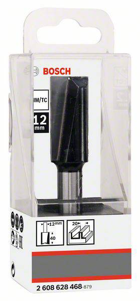 Ein Bosch Fräser mit 12 mm Durchmesser in einer transparenten Verpackung. Verpackung zeigt Symbole für Kompatibilität und Nutzungshinweise.