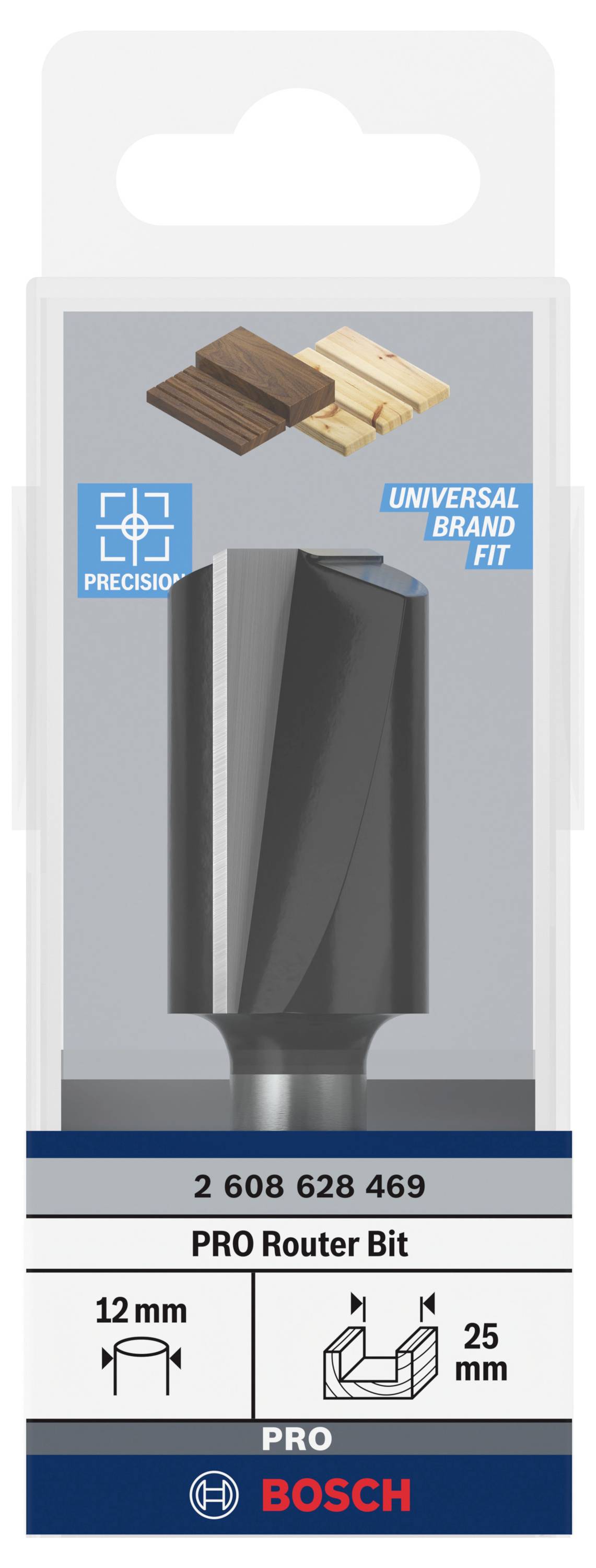 'Bosch PRO Router Bit', 12 mm Durchmesser, 25 mm Länge, passend für Holzarbeiten. Verpackung zeigt kompatible Materialien und Produktinformationen.