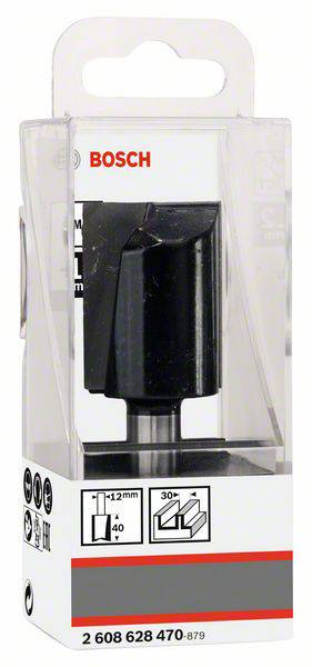 'Bosch'-Fräser in Kunststoffverpackung, geeignet für Holzarbeiten. Verpackung zeigt Durchmesser von 12 mm und Schnitttiefe bis 40 mm.