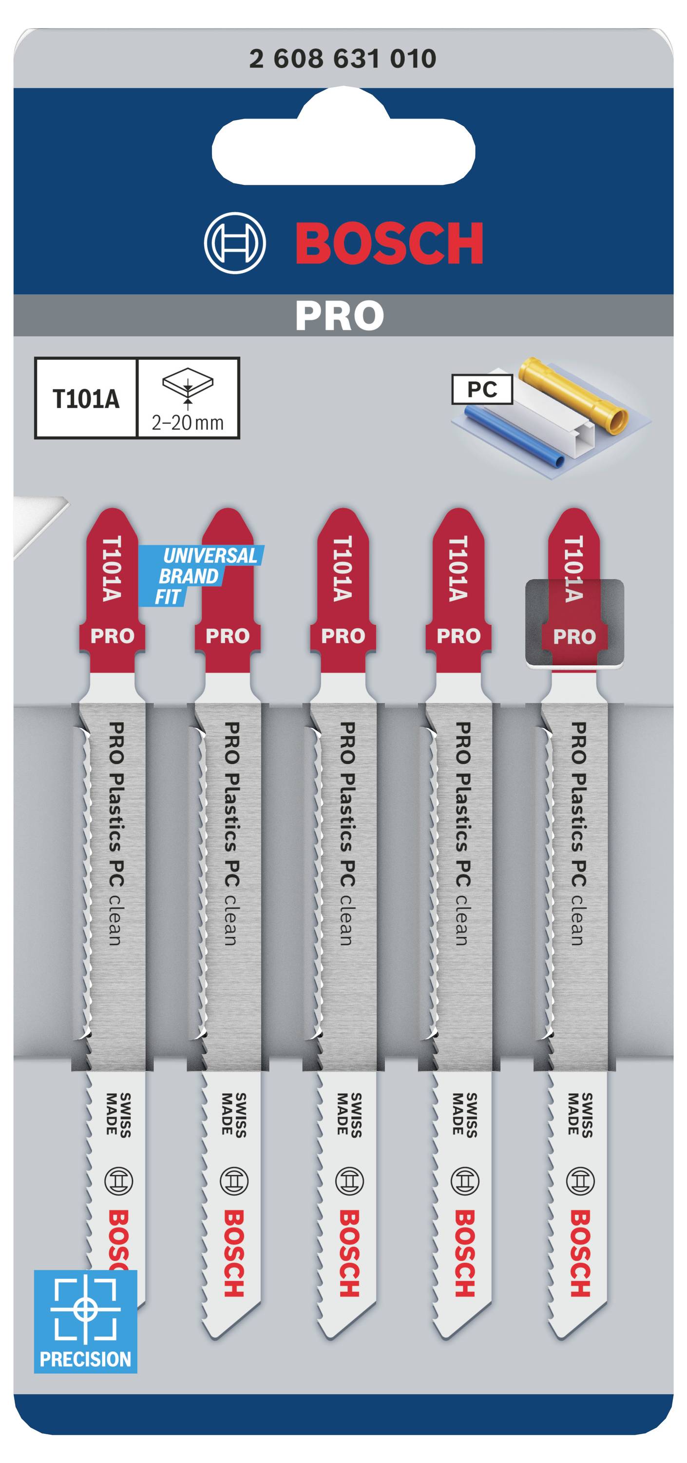 Fünf Bosch Sägeblätter T101A für Kunststoff, 2-20mm Schnittkapazität. Verpackung zeigt Produktdetails und Markenlogo.