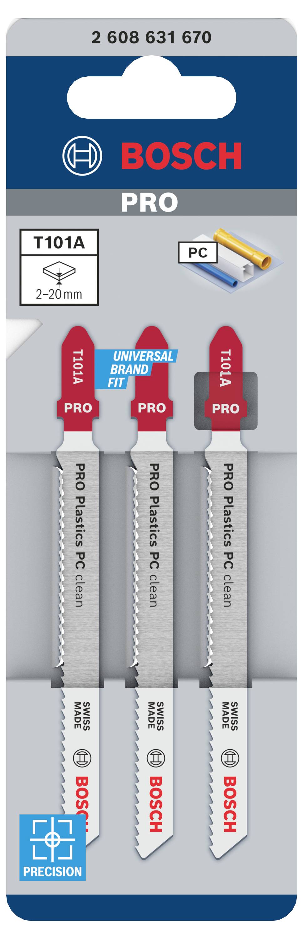 Verpackung von drei Bosch Stichsägeblättern, Modell T101A, geeignet für 2-20mm Kunststoff. Enthält Markenlogo und Produktinformationen.