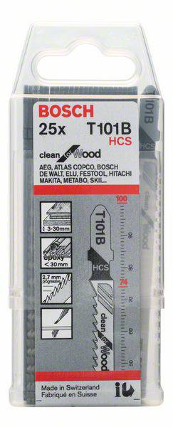 Sägeblätter-Set von Bosch, Modell T101B, 25 Stück, geeignet für Holzarbeiten. Verpackung zeigt Klinge und Herstellerinfos.