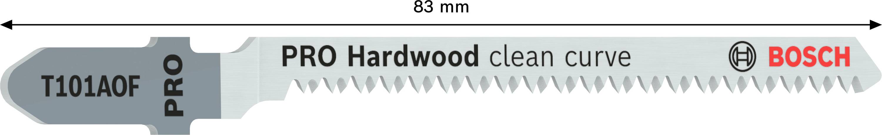 Stichsägeblatt von Bosch mit der Bezeichnung 'T101AOF'. Länge: 83 mm. Für Hartholz, saubere Kurven.