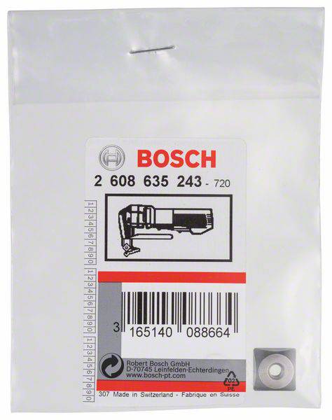 'Bosch Ersatzteil-Verpackung für Stichsäge. Modell 2 608 635 243. Herstellerangaben: Bosch, gebaut in der Schweiz.'