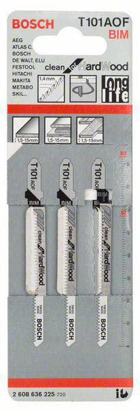 'Drei Bosch-Stichsägebätter für Holz bearbeitung, geeignet für Hartholz und Metalle. Markierung: T101AOF, langlebige Lebensdauer.'