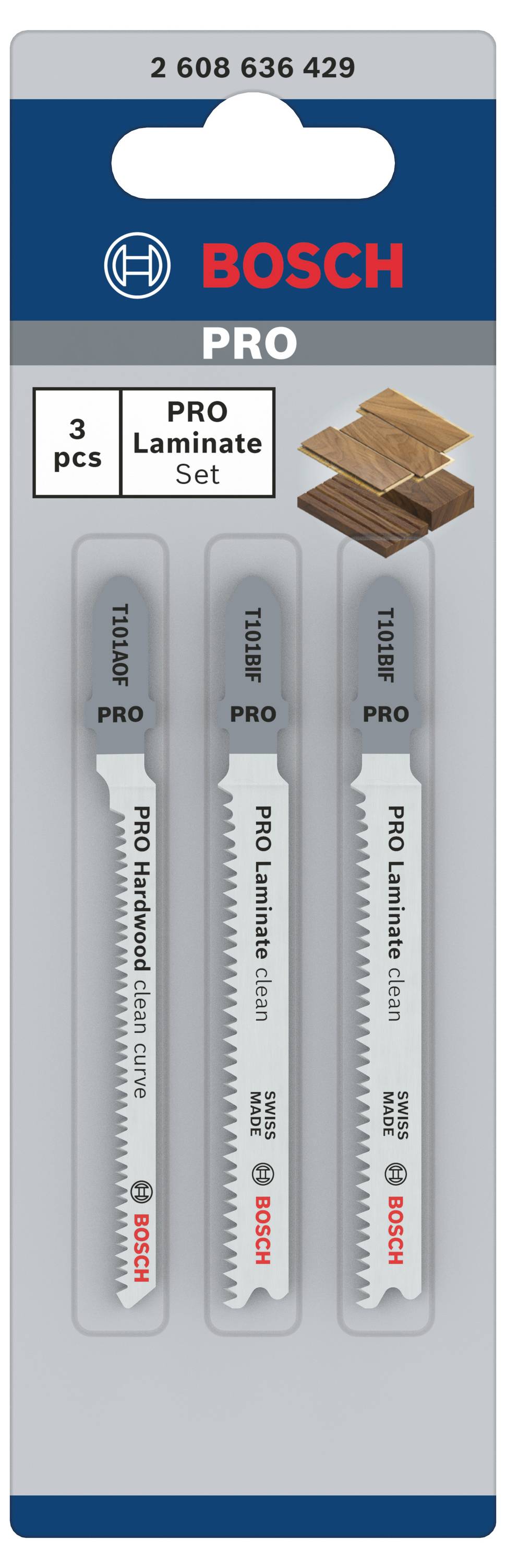 'Drei Bosch Sägeblätter für Laminat in Verpackung. Jedes Blatt ist für unterschiedliche Schnitte geeignet, Illustration von Holzschnitten oben.'
