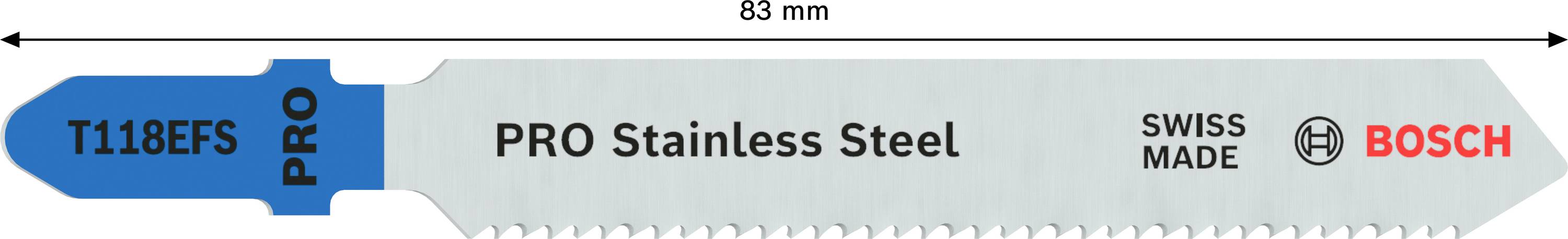 'Sägeblatt von Bosch, Modell T118EFS, aus rostfreiem Stahl, Gesamtlänge 83 mm, geeignet für Metall, Aufschrift "PRO Stainless Steel".'