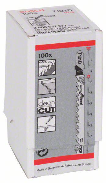 'Sägeblätter für Holz und Kunststoff, Bosch T101D. Packung enthält 100 Stück. Geeignet für feine, saubere Schnitte.'