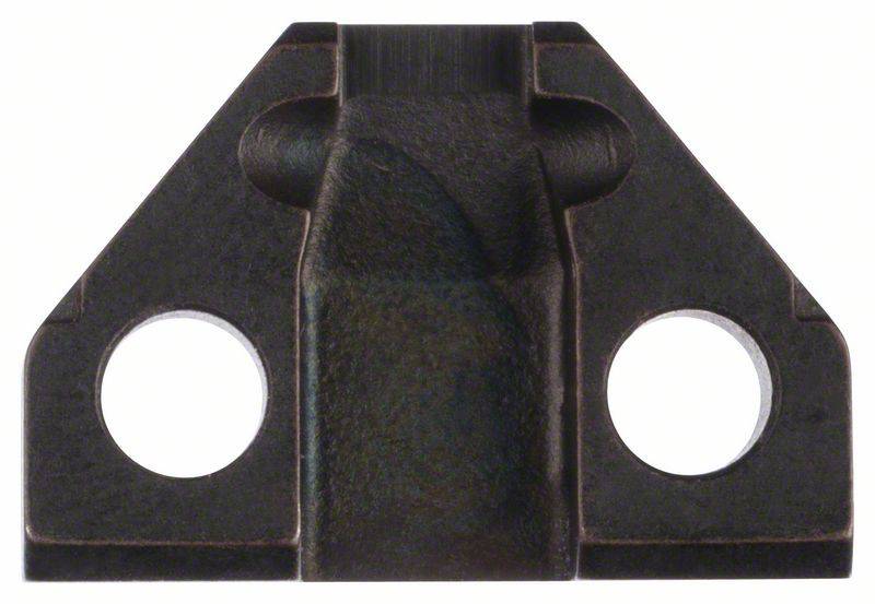 Ein dunkles, dreieckiges Metallobjekt mit zwei runden Löchern an den Seiten. Es scheint ein technisches Bauteil oder Halterung zu sein.
