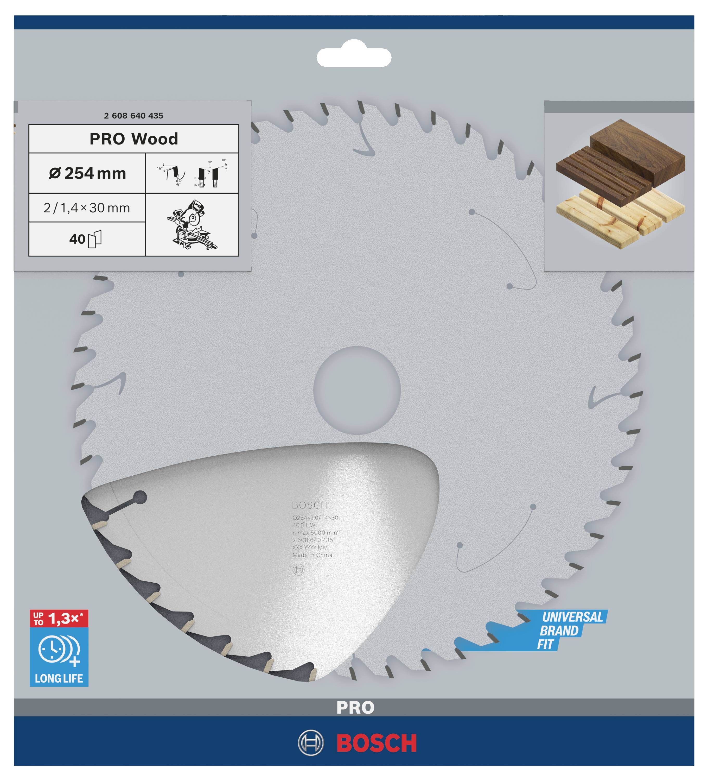 Sägeblatt 'PRO Wood' von Bosch, geeignet für die Holzbearbeitung, Durchmesser 254 mm, 40 Zähne. Verpackung zeigt Holzbeispiel.