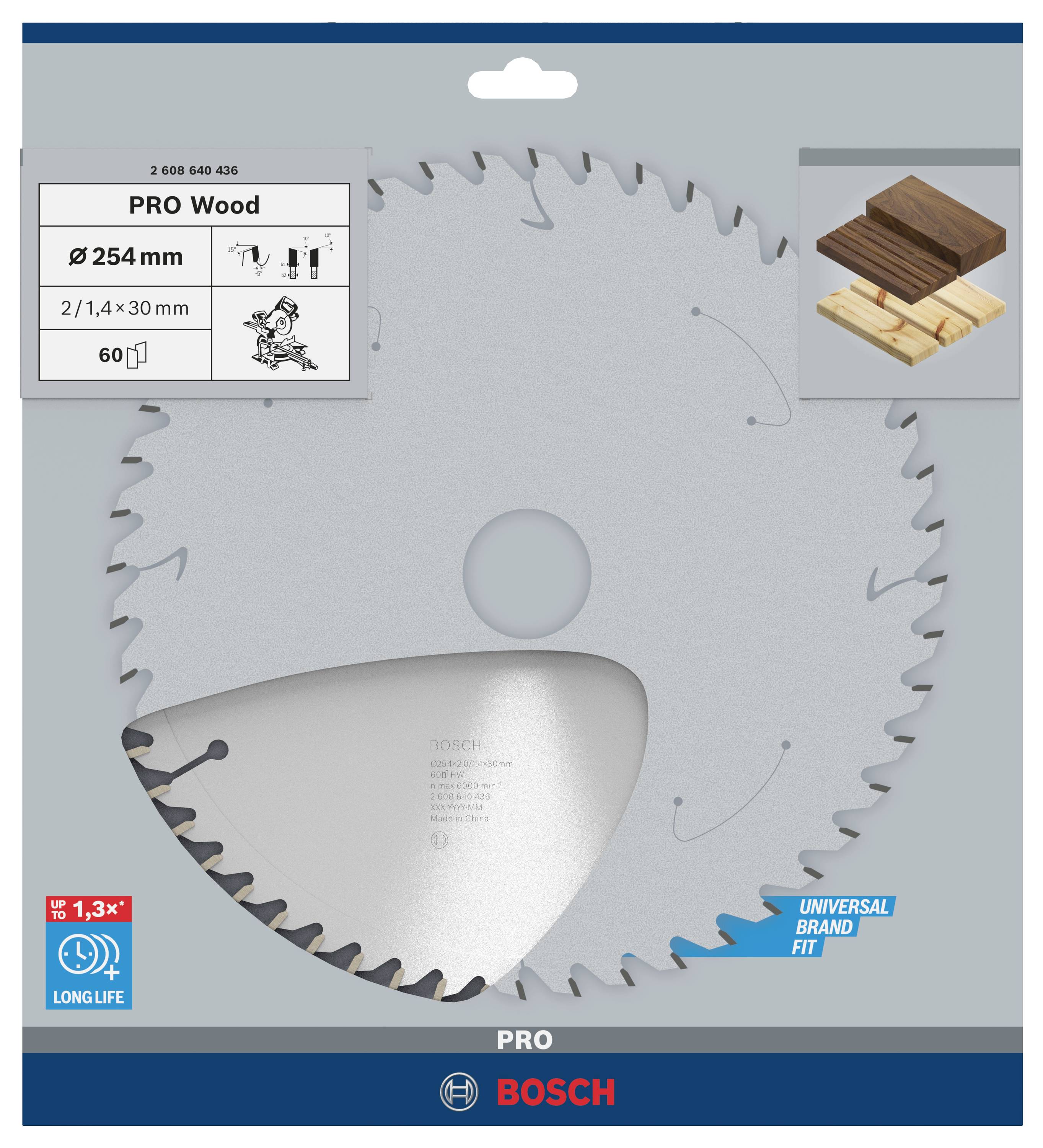Kreissägeblatt-Verpackung mit Spezifikationen: '254 mm Durchmesser, 2,1/4x30 mm, 60 Zähne.' Geeignet für Holz. Markenname unten.