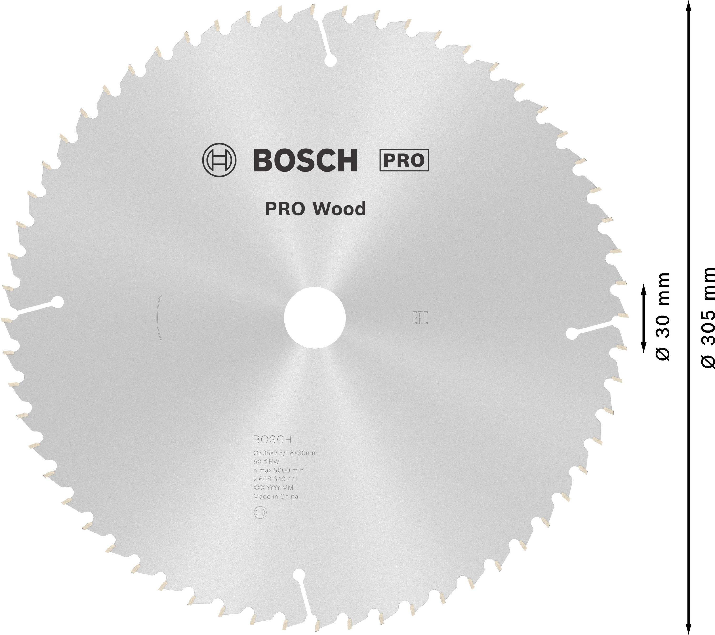 Rundes Sägeblatt mit der Aufschrift 'BOSCH PRO Wood', Durchmesser 305 mm, geeignet für Holzarbeiten.
