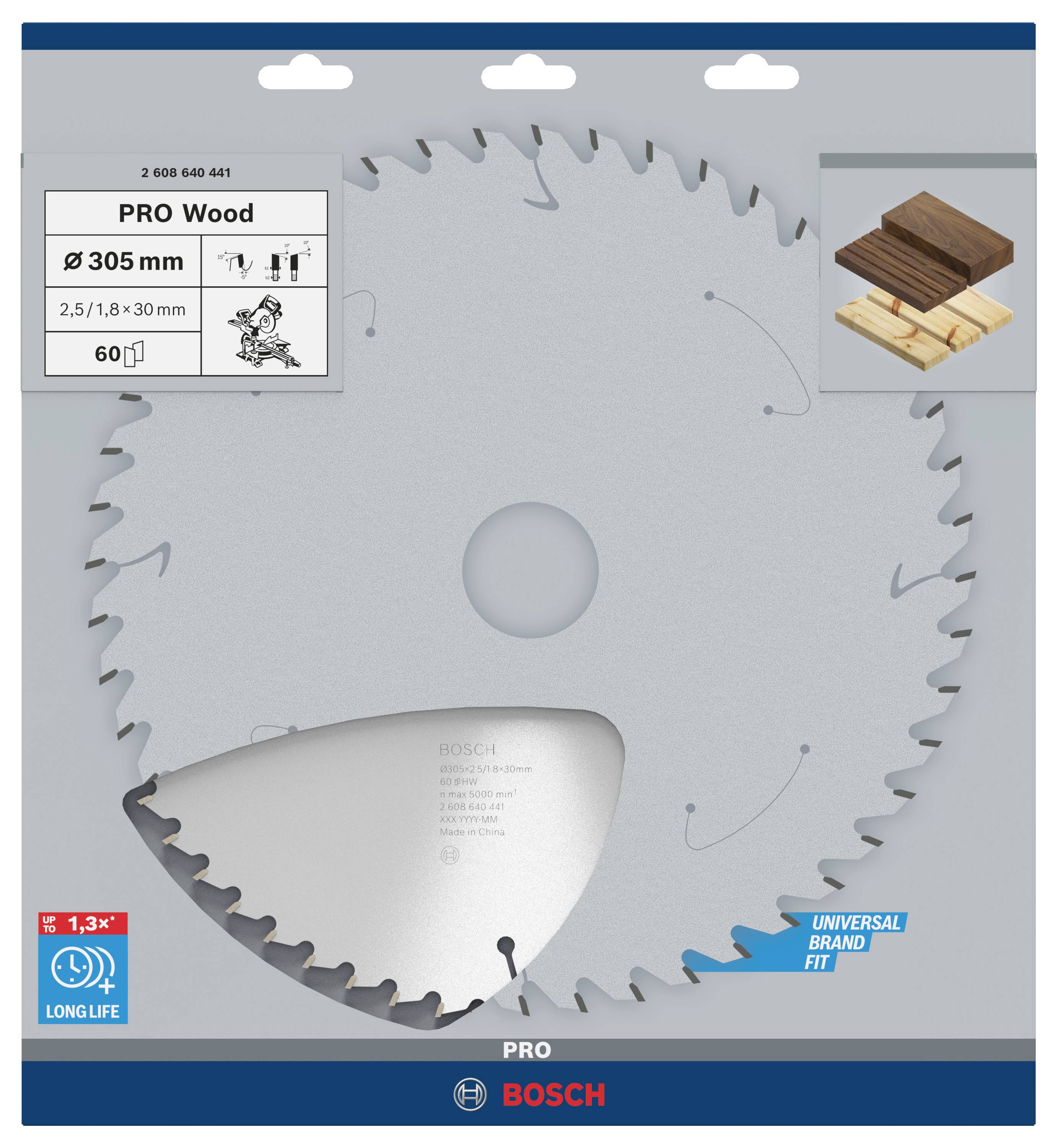 Kreissägeblatt in Verpackung gezeigt. Details: '305 mm Durchmesser, 60 Zähne, PRO Wood'. Geeignet für Holzschneiden. Enthält Illustrationen und Anwendungshinweise.