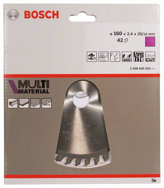 'Bosch Multi-Material-Sägeblatt in Verpackung mit Symbolen für kompatible Materialien. Blattdurchmesser 160 mm, Stärke 2,4 mm.'
