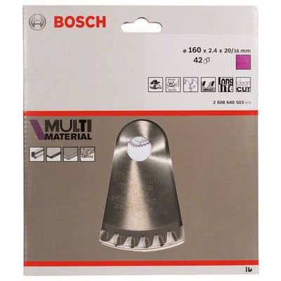 'Bosch Multi-Material-Sägeblatt in Verpackung mit Symbolen für kompatible Materialien. Blattdurchmesser 160 mm, Stärke 2,4 mm.'