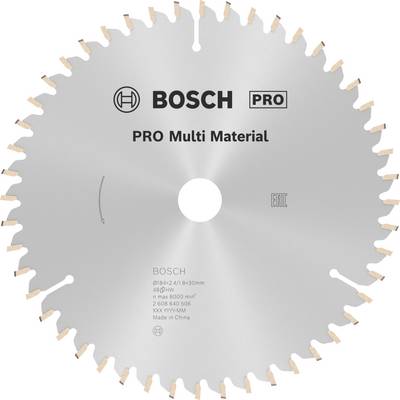 Kreissägeblatt von Bosch für verschiedene Materialien. Silber, mit Beschriftung; Durchmesser und Zusatzinformation in der Mitte.