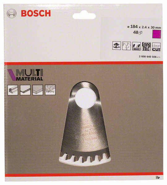 Verpackung eines Bosch Multi Material Sägeblatts, zeigt das Blattdesign mit Angaben: Durchmesser 184 mm, 48 Zähne, passend für Holz, Metall, Epoxy.