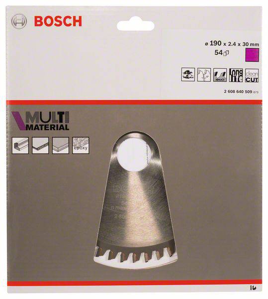 Verpackung von Bosch Sägeblatt, 190 mm Durchmesser, für Multimaterialien, 54 Zähne. Anzeigen von Materialsymbolen und Produktserie.