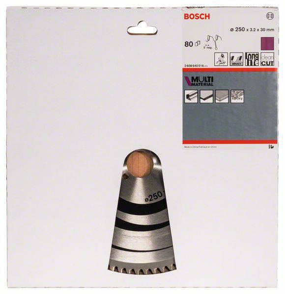 'Bosch' Sägeblatt-Verpackung für Multimaterial, Durchmesser 250 mm, 80 Zähne, inkl. Symbolen für Anwendungsbereiche und Schnitttypen.