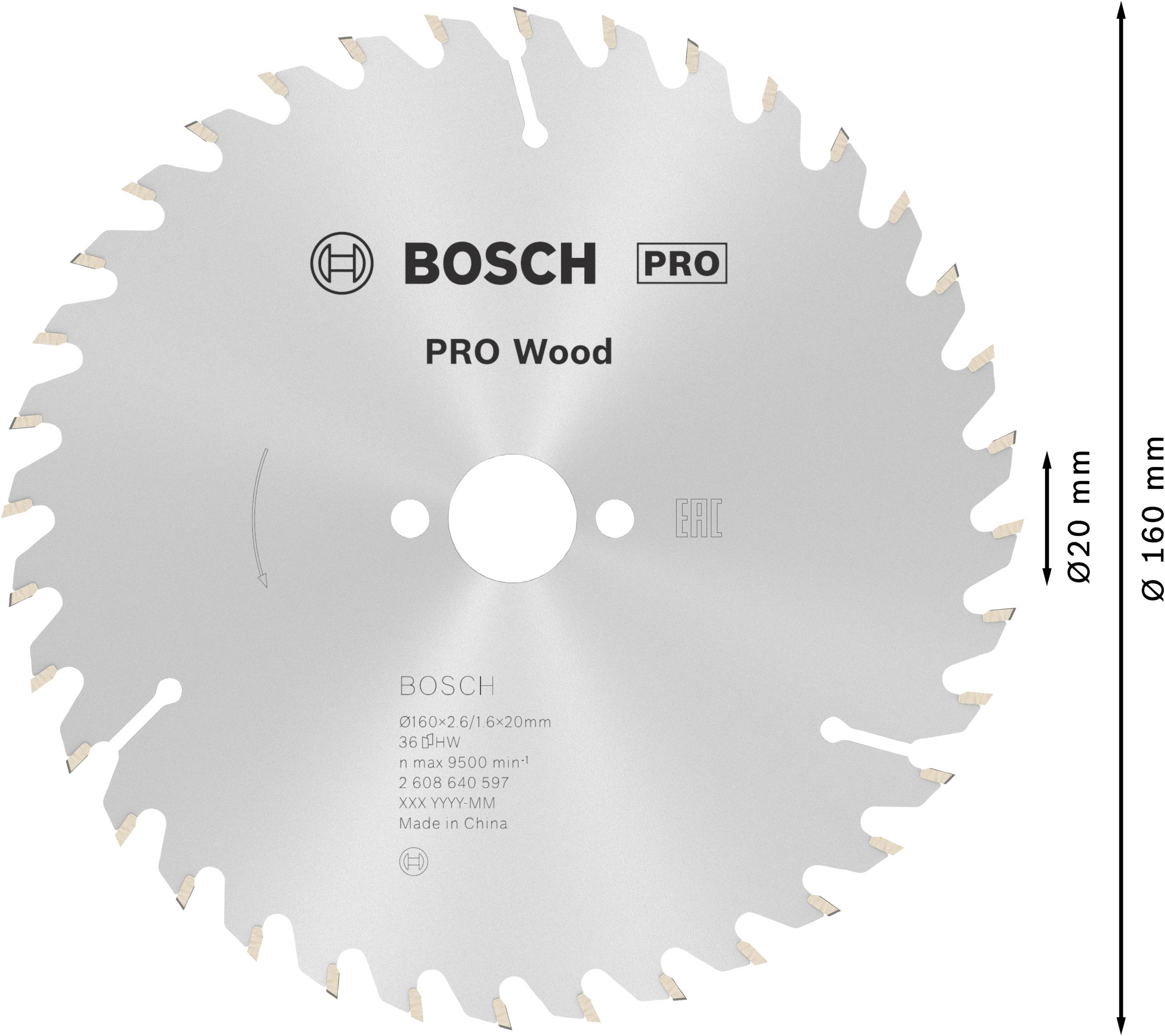 Kreissägeblatt mit 20 Zähnen für Holz; 160 mm Durchmesser, 20 mm Bohrung. Marke: Bosch PRO Wood.