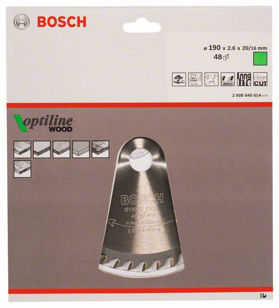Verpackung einer Bosch Optiline Wood Kreissägeblatt mit Angaben: 190 x 2,6 x 20/16 mm, 48 Zähne. Geeignet für Holz.