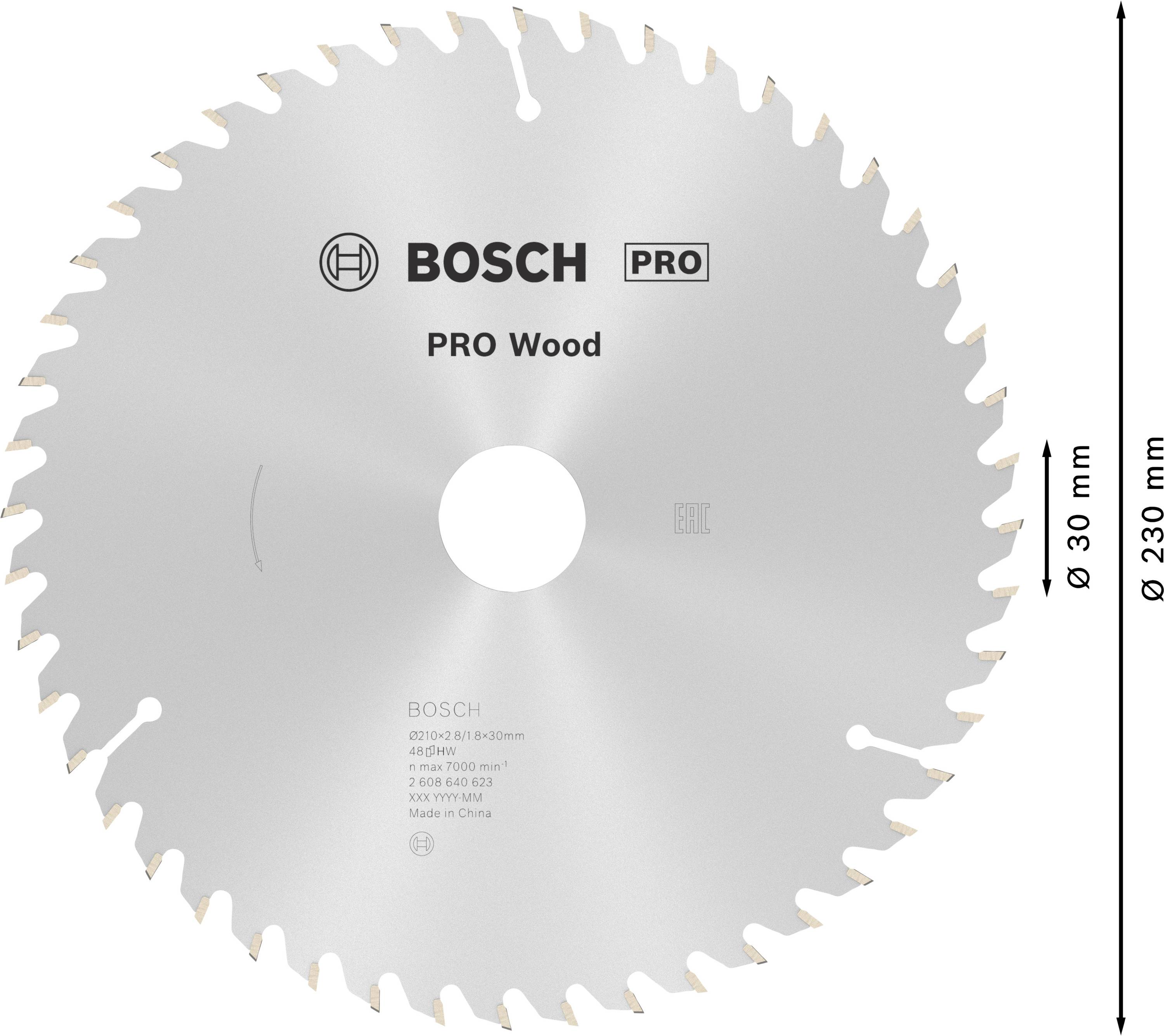 Kreissägeblatt 'BOSCH PRO Wood' mit 30 mm Bohrung und 230 mm Durchmesser, geeignet für Holzarbeiten. 22 Zähne.