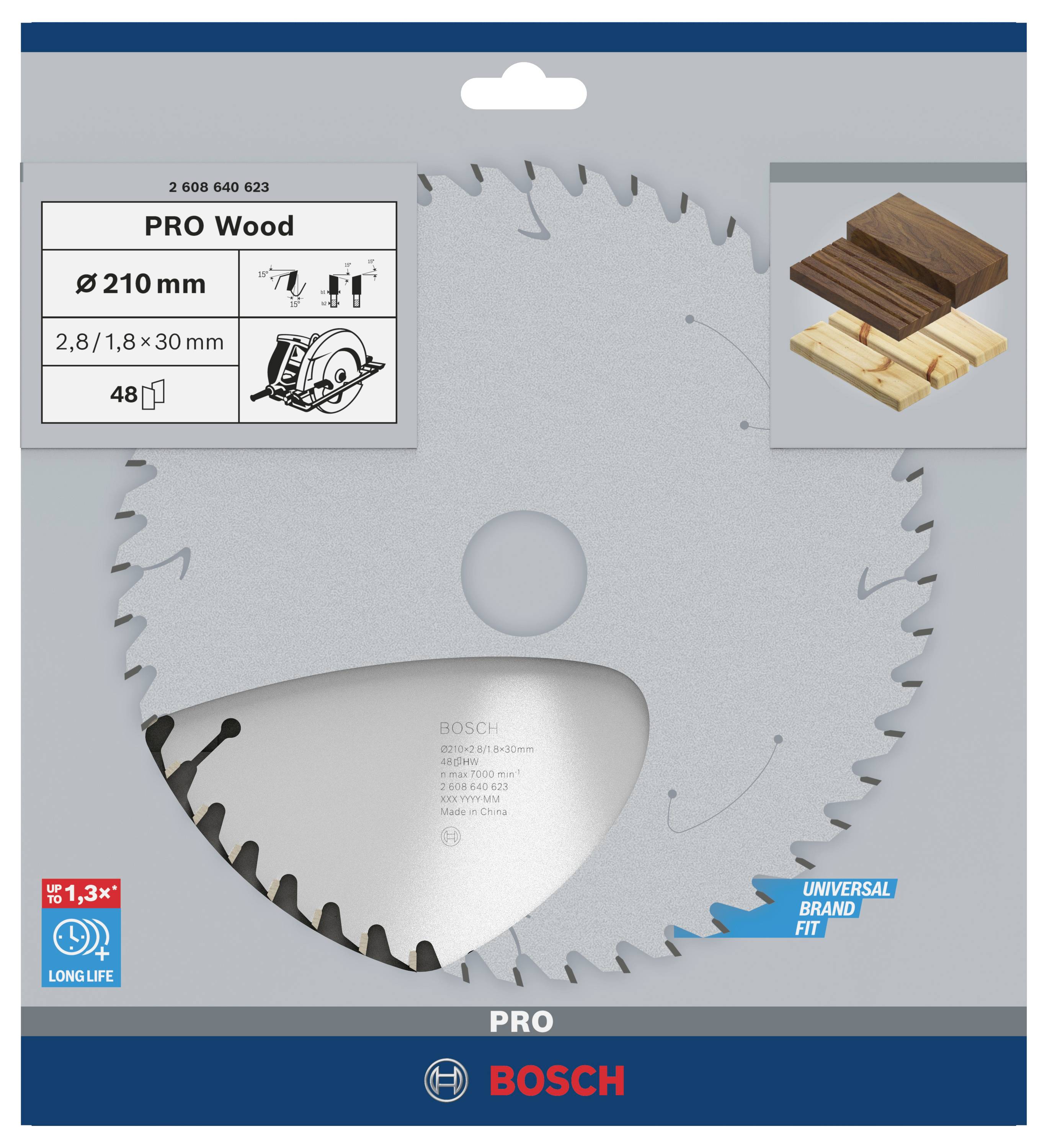 Sägeblatt für Holz, 210 mm Durchmesser, 48 Zähne, geeignet für präzise Holzschnitte. Abgebildet mit zwei Holzarten: hell und dunkel.