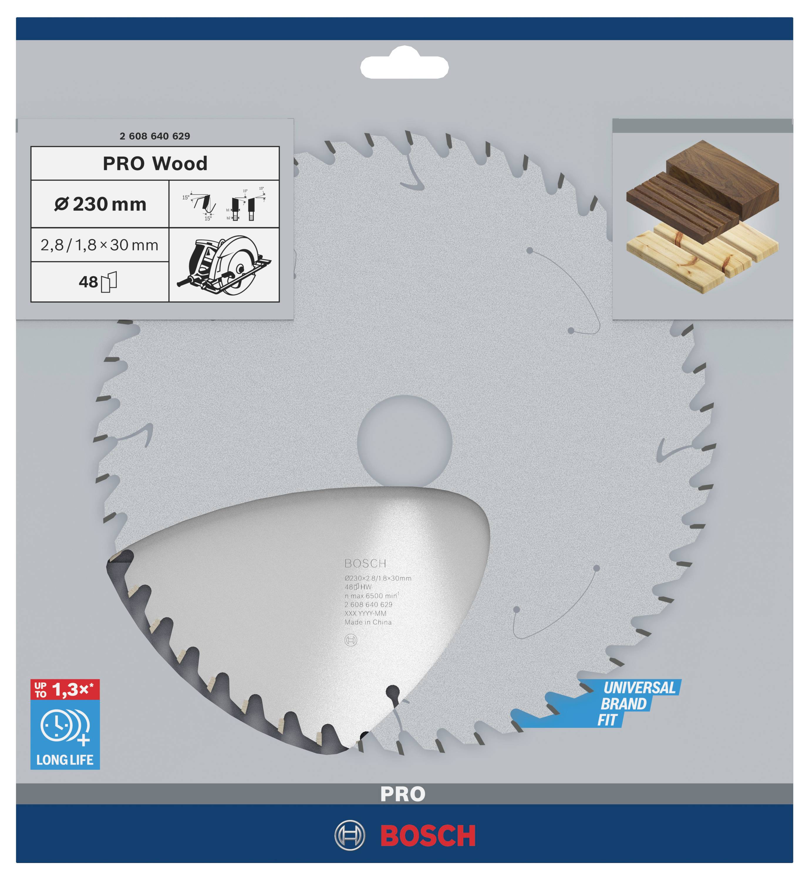 'Bosch PRO Wood Kreissägeblatt, Durchmesser 230 mm, 48 Zähne. Geeignet für Holz. Verpackung zeigt Holzstücke und Produktlogo.'