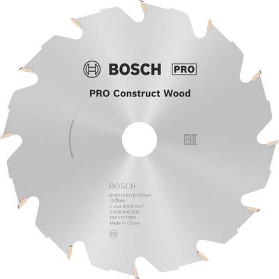 'Sägeblatt Bosch Pro Construct Wood' mit Details: Durchmesser 160x2,6x16mm, 12 Zähne, 9500 U/min max., Artikelnummern 2 608 640 630.