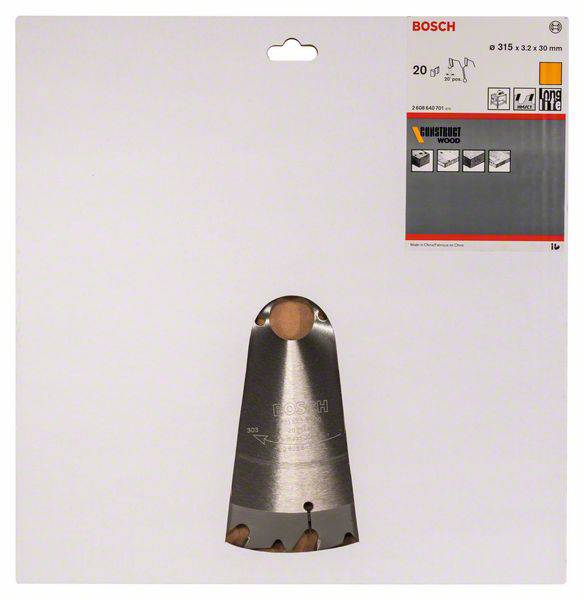 Verpackung einer Bosch-Sägeklinge für Holz, zeigt die Klinge und Piktogramme zur Verwendung. Anpassbar für verschiedene Sägemodelle.