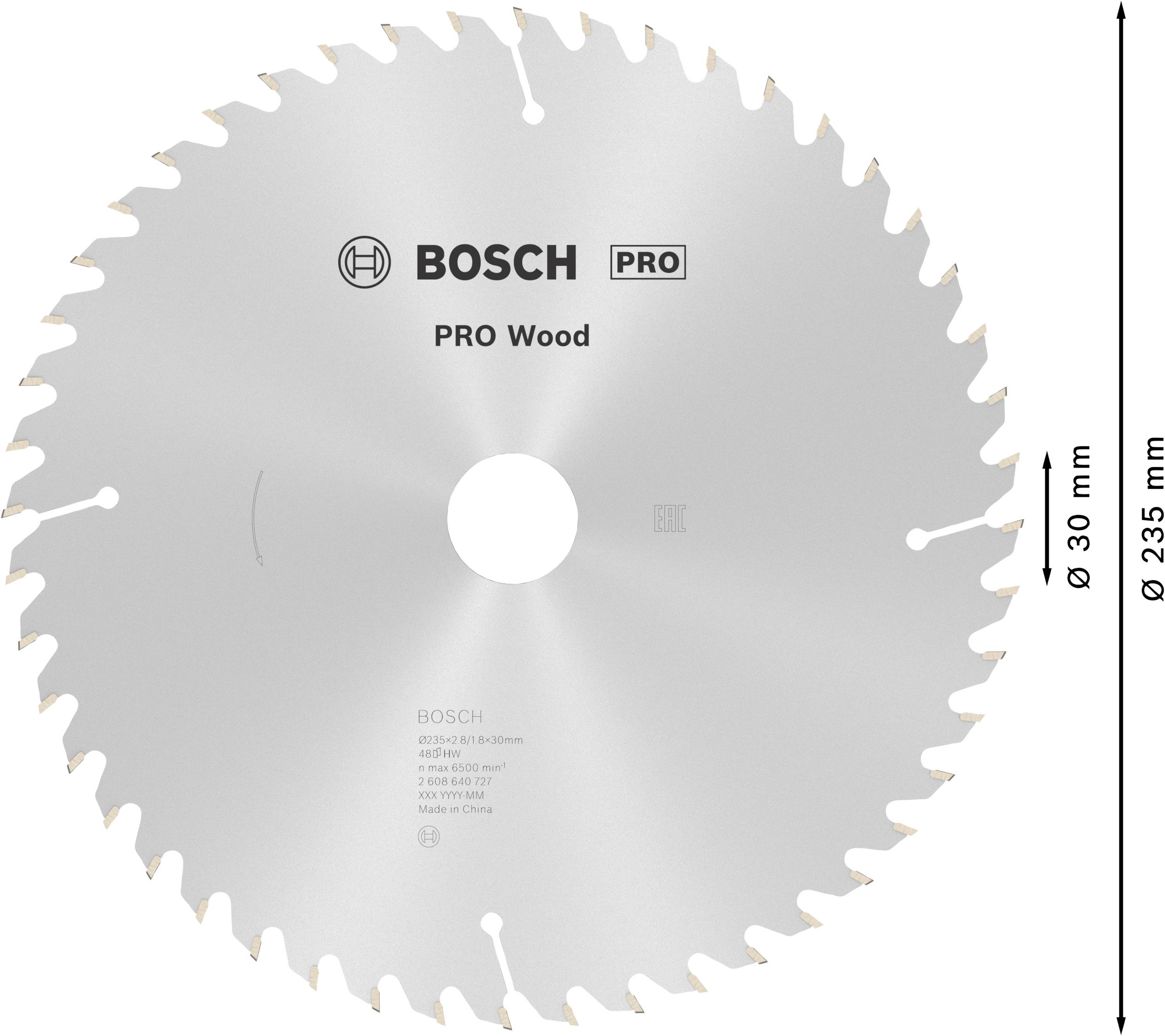 Kreissägeblatt von Bosch für Holz, Durchmesser 235 mm, Bohrung 30 mm, 48 Zähne, geeignet für schnelle, genaue Schnitte in Holz.