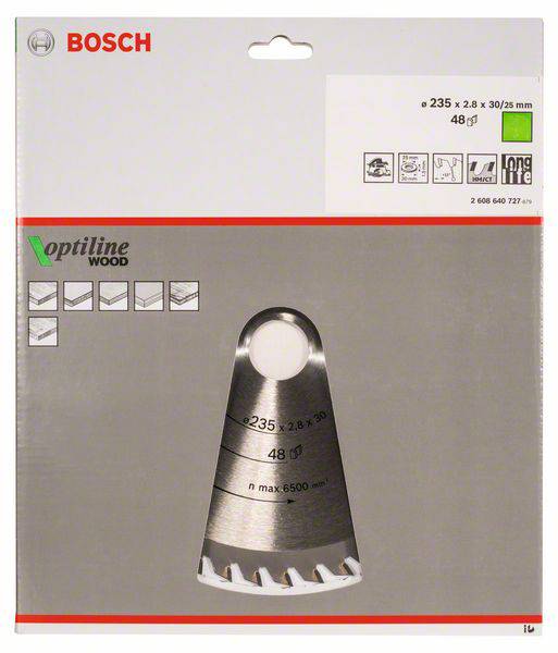 'Bosch Optiline Wood Sägeblatt' Verpackung. Zeigt ein Sägeblatt mit Spezifikationen: Durchmesser 235 mm, 48 Zähne, max. 6500 U/min.