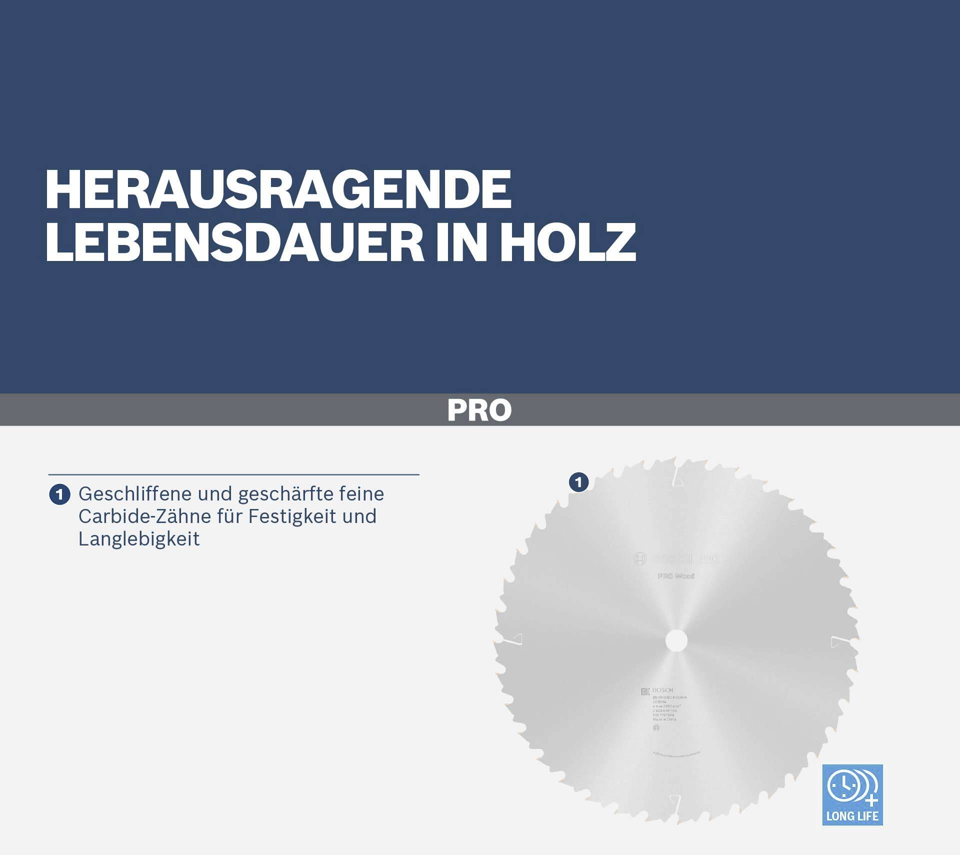 Hervorragende Lebensdauer in Holz. Abgebildete Sägeblatt mit geschärften Carbide-Zähnen für Festigkeit und Langlebigkeit.