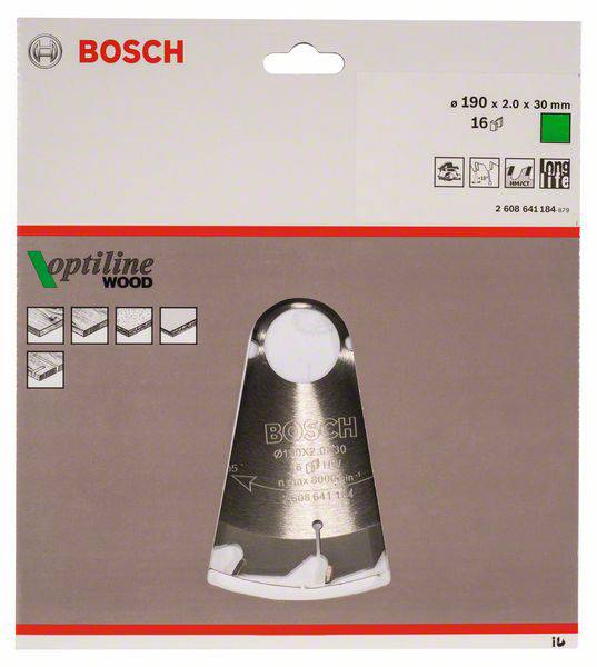 Verpackung eines Bosch-Sägeblatts für Holz, Größe 190 x 2.0 x 30 mm, 16 Zähne. Optiline Wood-Logo mit Icons für Schnittarten.